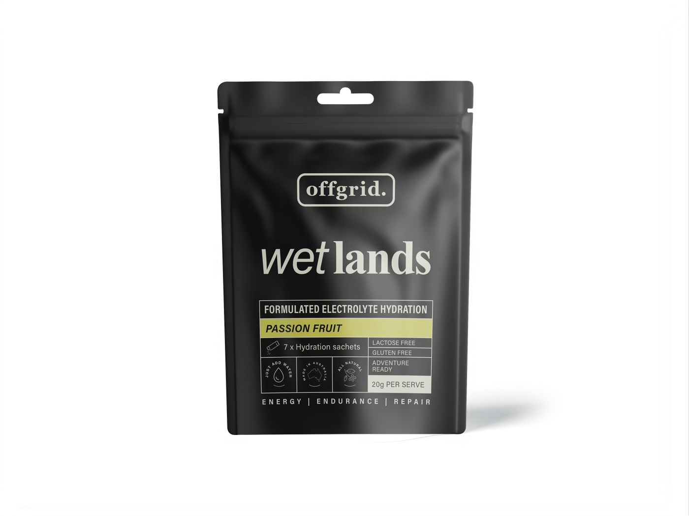 Offgrid wetlands formulated hydration drink sachets - passionfruit flavour
