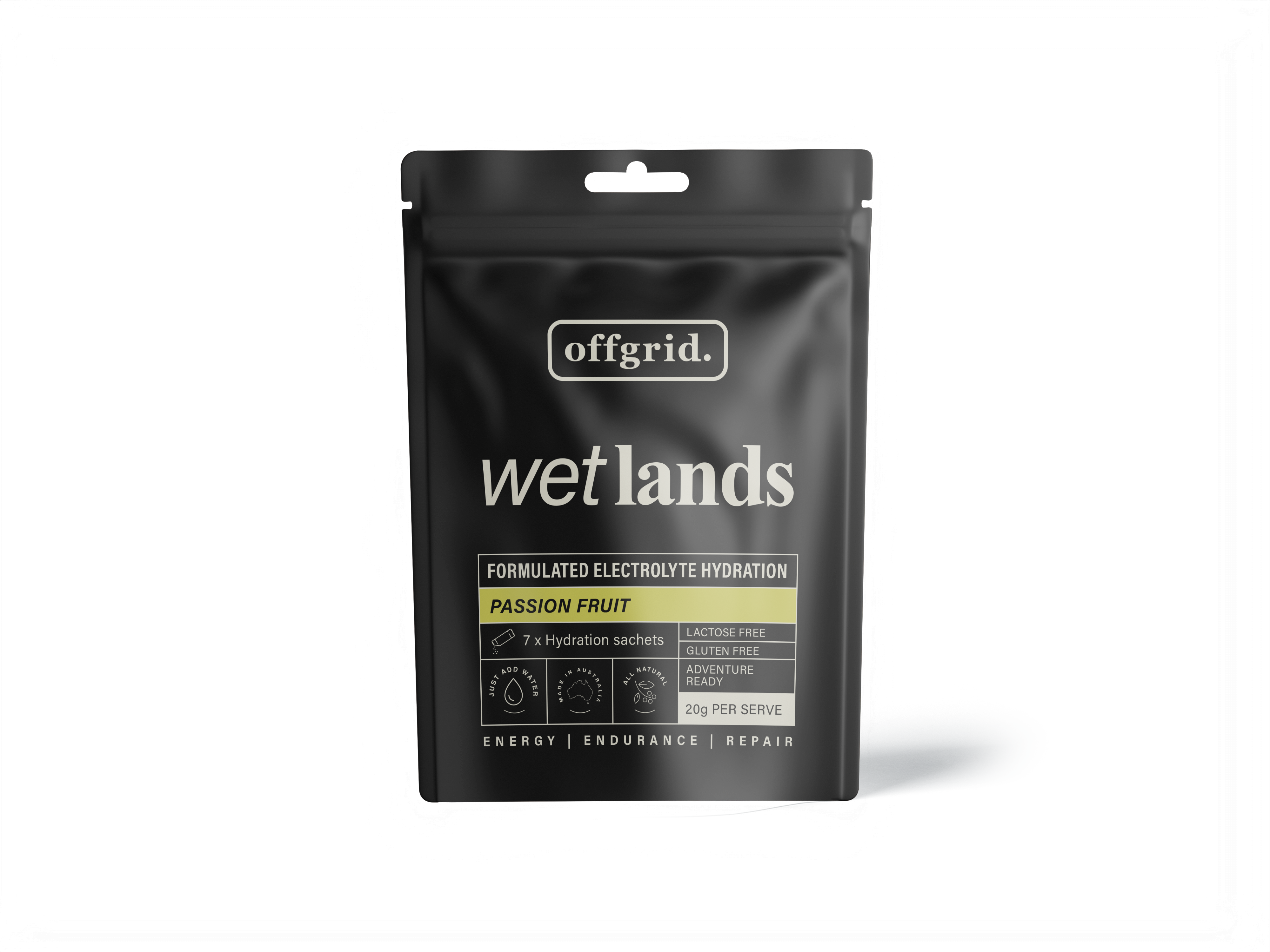 Offgrid wetlands formulated hydration drink sachets - passionfruit flavour