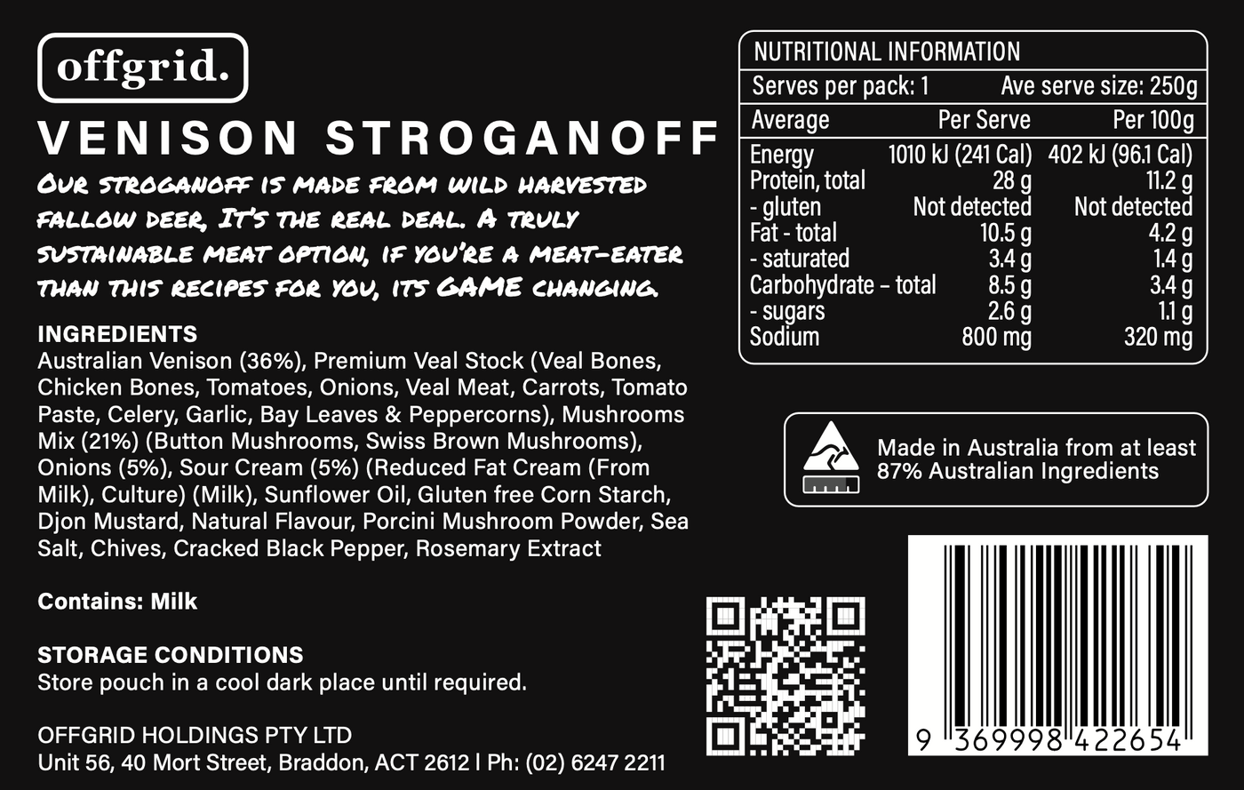 Offgrid venison stroganoff heat & eat meal - 250gr
